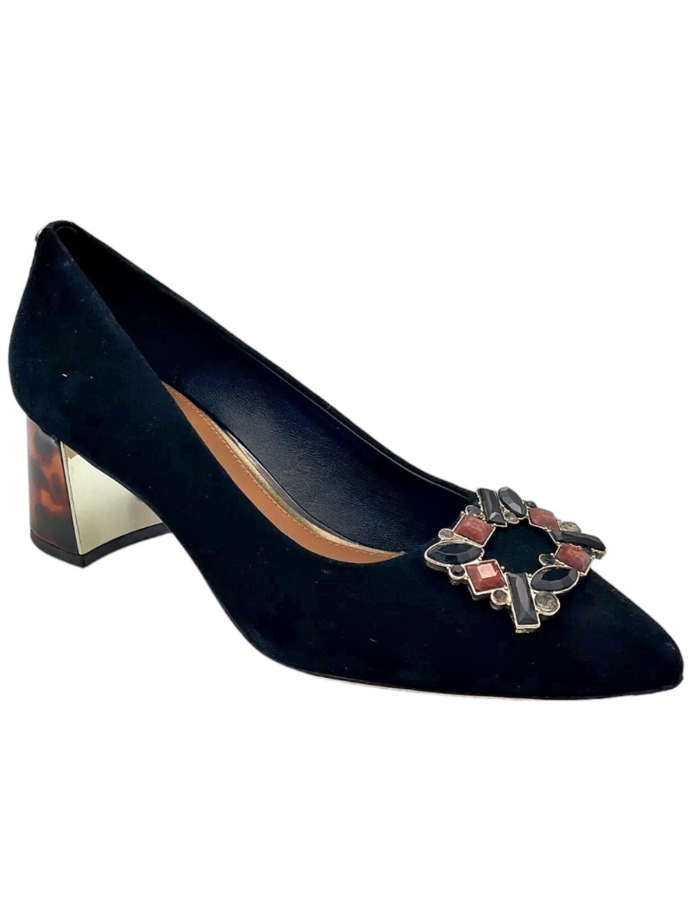Donald J. Pliner Black Suede Gem-Embellished Block Heel Pump